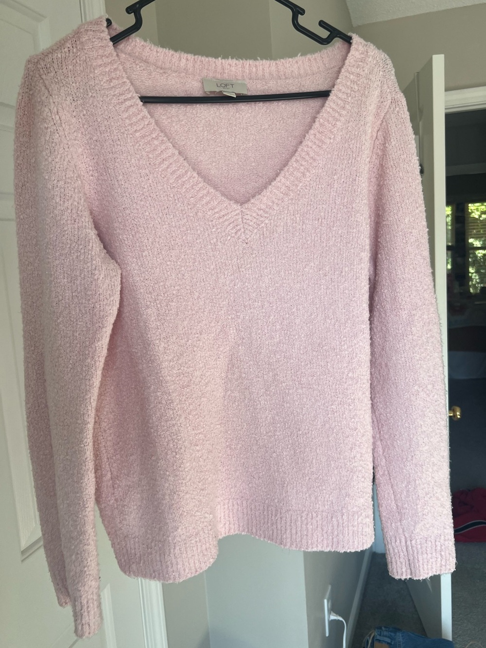 LOFT Soft V-Neck Bouclé Sweater in Light Pink